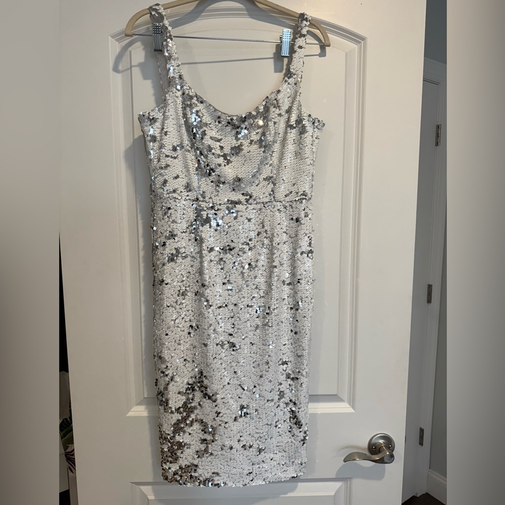 Jay Godfrey white/silver sequin midi dress